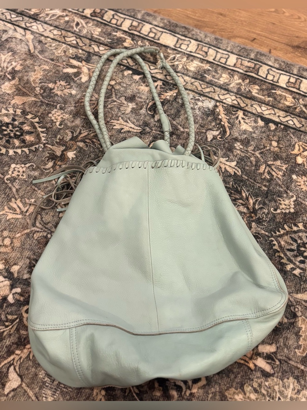 Free People Jolene Tote Bag Mint Green Genuine Leather Boho Tassel